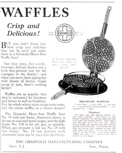 Advertisement from Ladies Home Journal December 1921 showing a Griswold Heart Star Waffle Iron on a low base. 