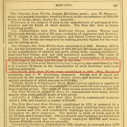 Page from 1873 Erie County Business Directory showing existence of Selden & Griswold Manufacturing Company employing 20 people and manufacturing "shelf hardware and small castings generally."