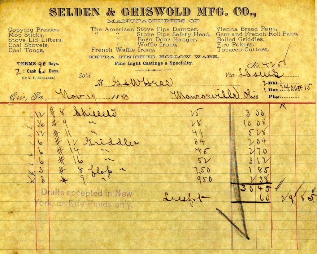 Printed receipt of Selden & Griswold Mfg. Co. with handwritten date of November 19, 1883. Shows partial product line on letterhead.