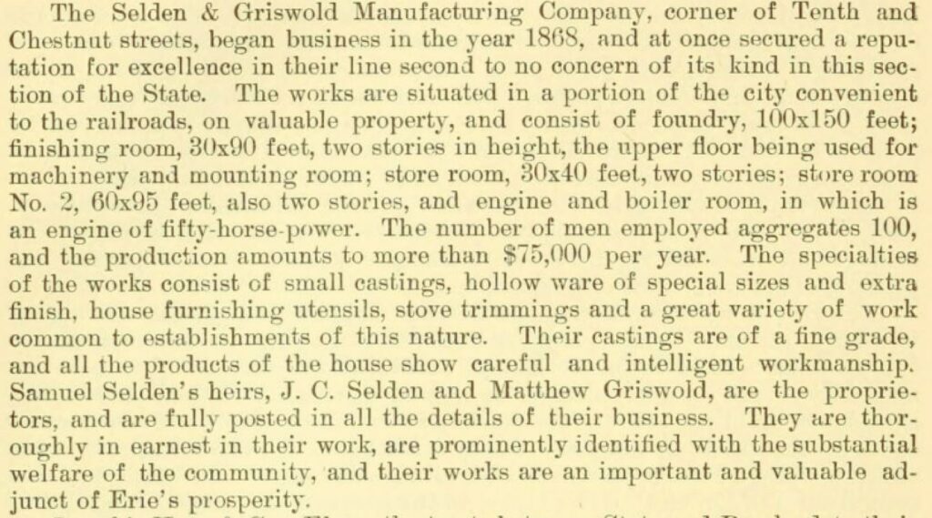 Printed information about the Selden & Griswold Mfg. Co. of Erie PA from 1884