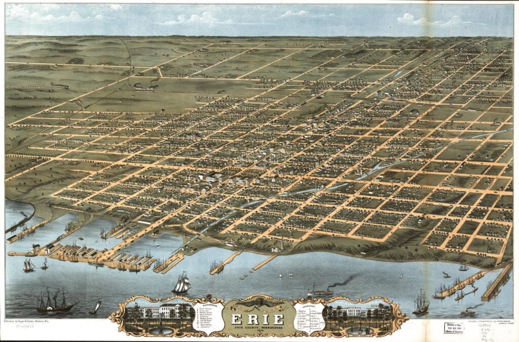 1870 hand-drawn lithograph of street map, not to scale, of Erie, Pennsylvania. Shows location of Erie Extension Canal.