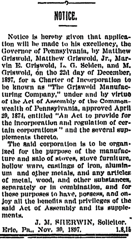 Notice from December 1, 1887 Erie Daily Times showing the Griswold Mfg. Co.'s application for incorporation.