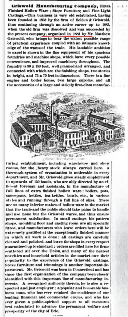 1887 article from Industrial and Commercial Resources of Pennsylvania discussing Selden & Griswold and Griswold Mfg. Co.