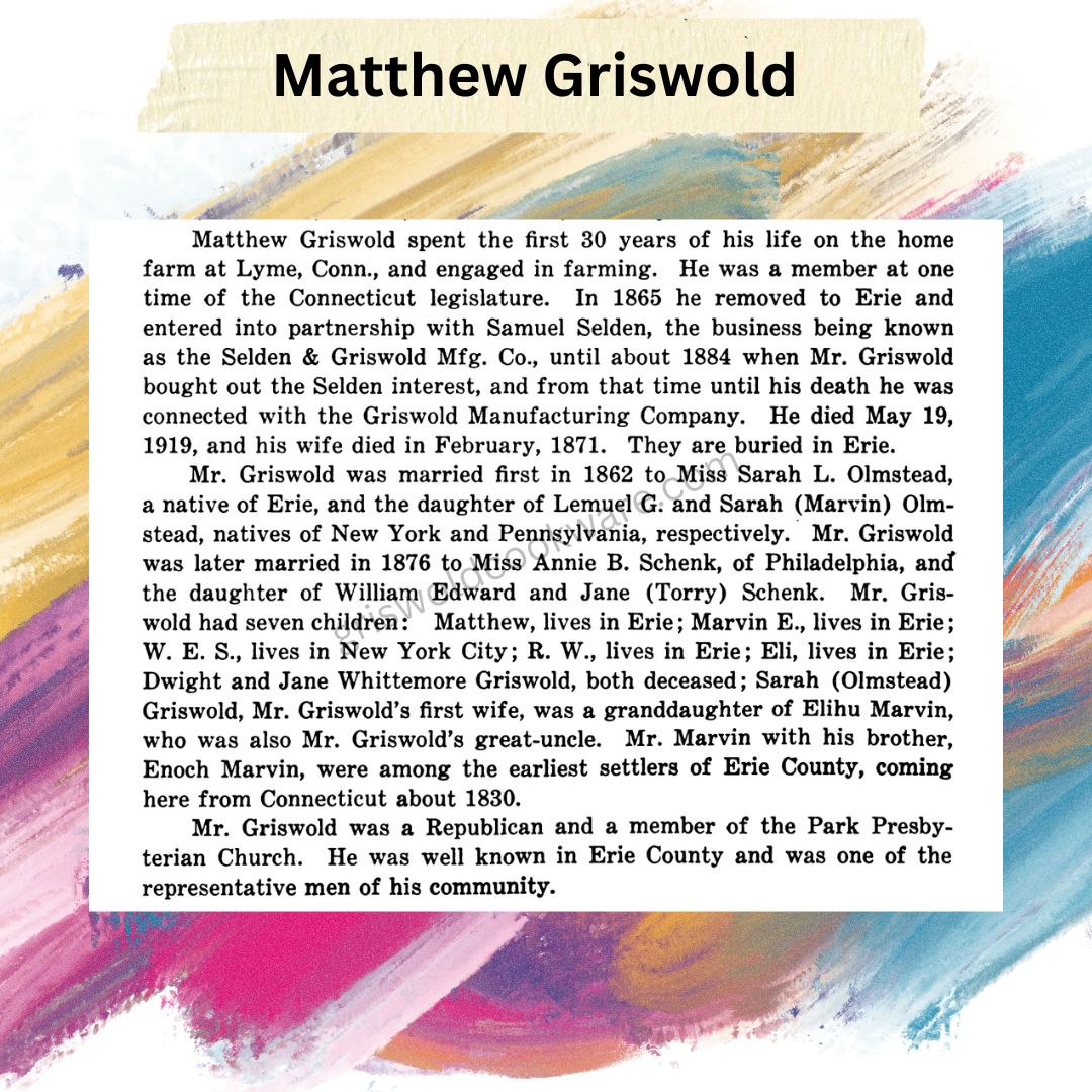 Text from 1925 "History of Erie County Pennsylvania" showing information on Matthew Griswold.