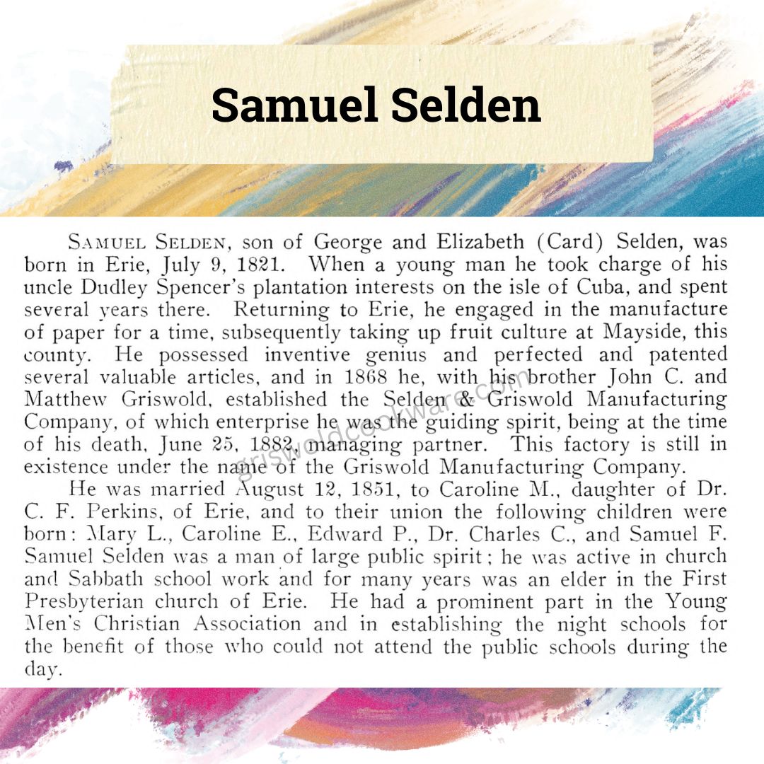 Text from 1909 "20th Century History of Erie County Pennsylvania" with information on Samuel Selden's history.