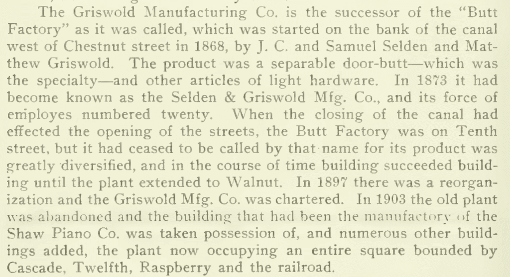 Written information about Selden & Griswold from 20th Century History of Erie County Pennsylvania (1909).
