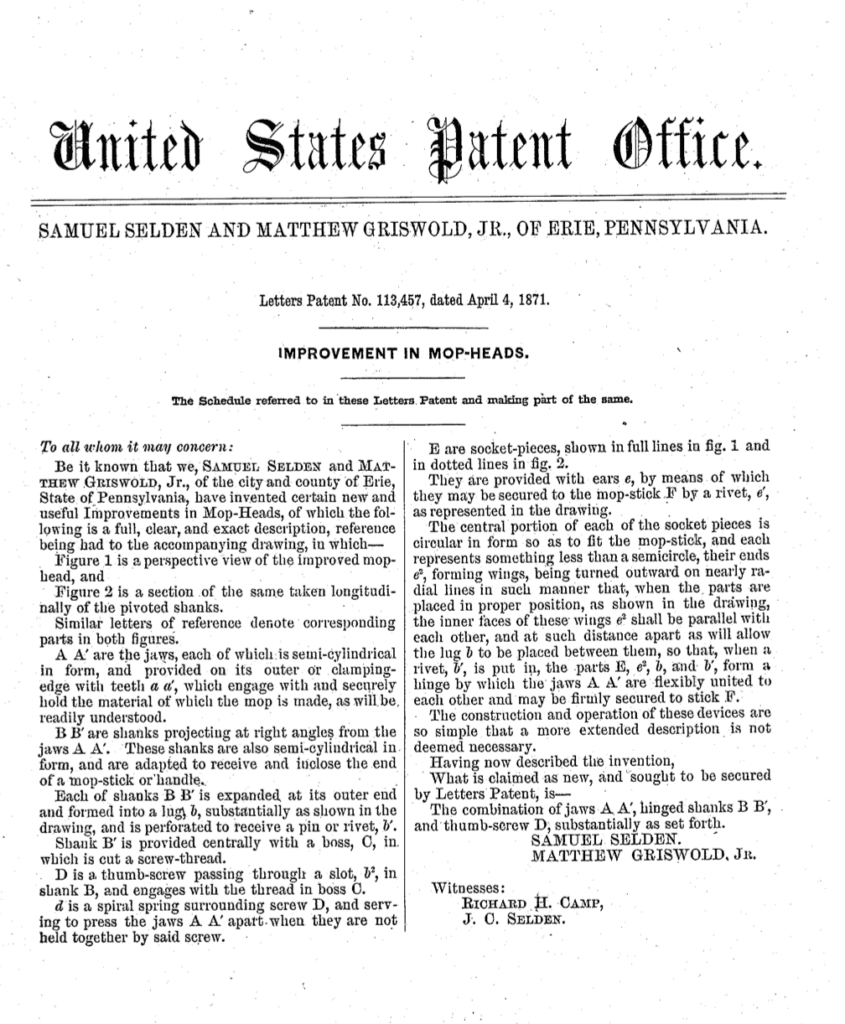 Application of Samuel Selden and Matthew Griswold for 1871 Improvement in mop heads patent.