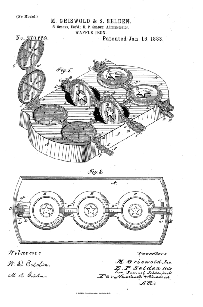 Samuel Selden & Matthew Griswold improvement in waffle irons patent 1883.