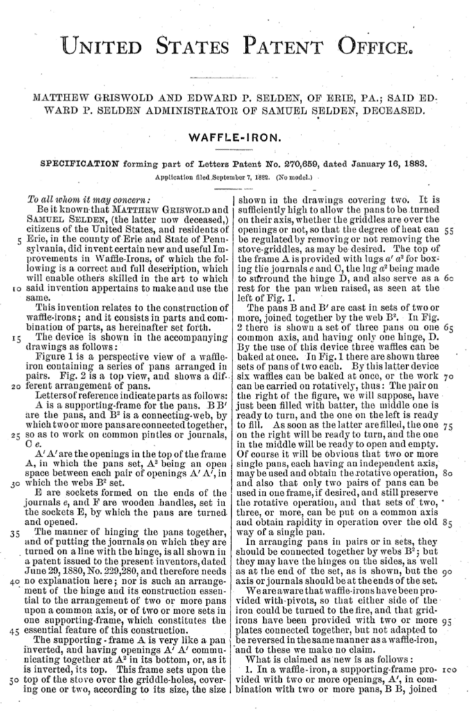 Samuel Selden & Matthew Griswold application for improvement in waffle irons patent 1883.