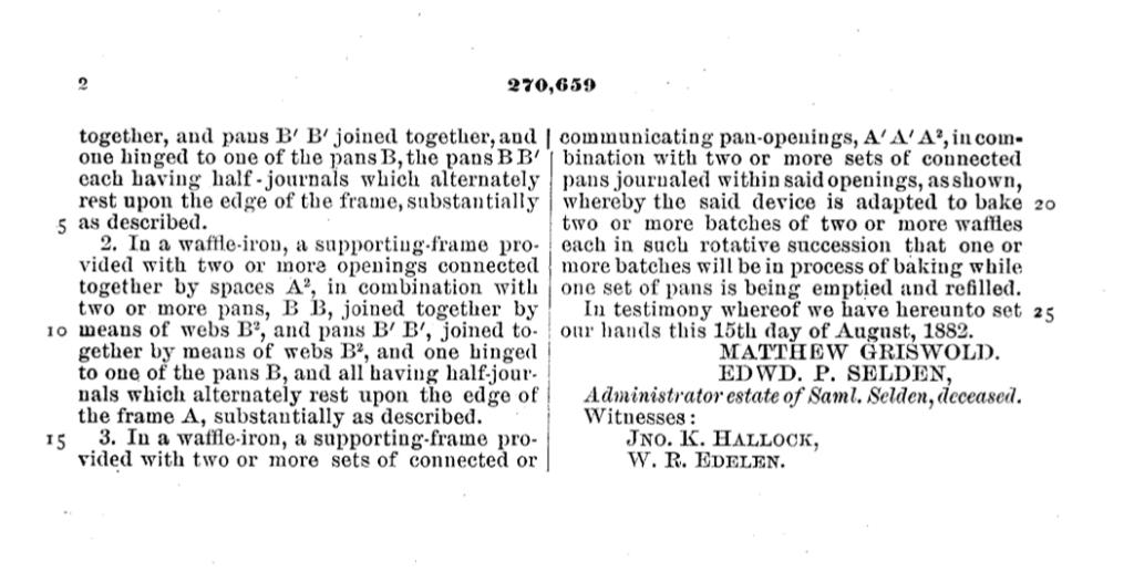 Samuel Selden & Matthew Griswold application for improvement in waffle irons patent 1883, p. 2.