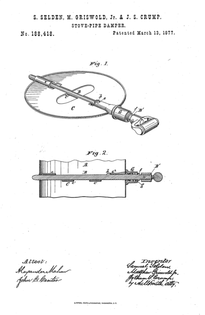 Samuel Selden, Matthew Griswold & Jotham S. Crump 1877 improvement in stove pipe dampers patent.