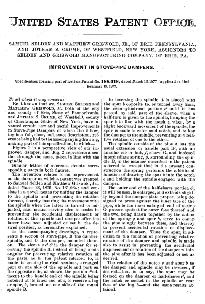 Samuel Selden, Matthew Griswold & Jotham S. Crump application for 1877 improvement in stove pipe dampers patent.