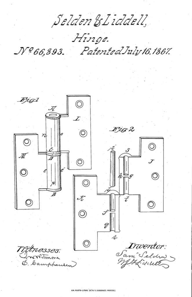 Samuel Selden and WJF Liddell 1867 Improvement in Hinges patent.