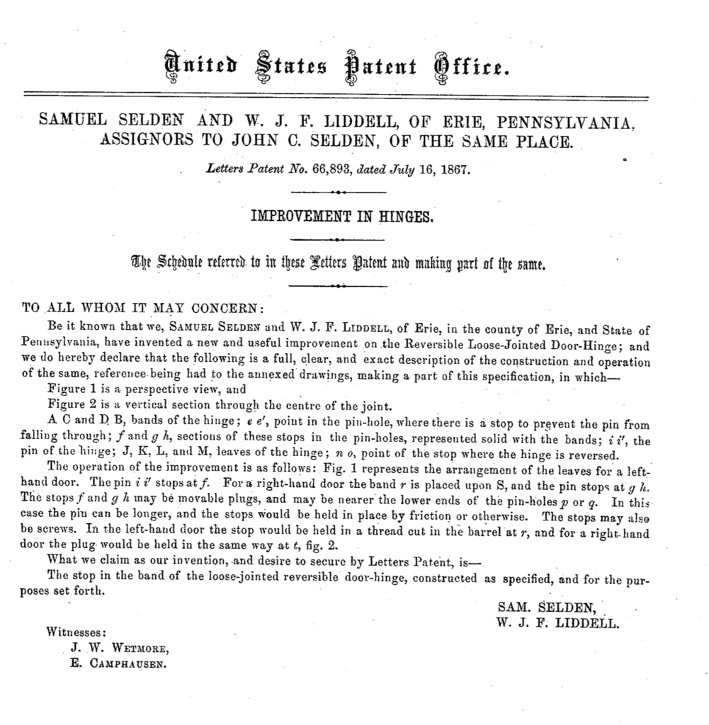 Application of Samuel Selden and WJF Liddell for 1867 Improvement in Hinges patent.