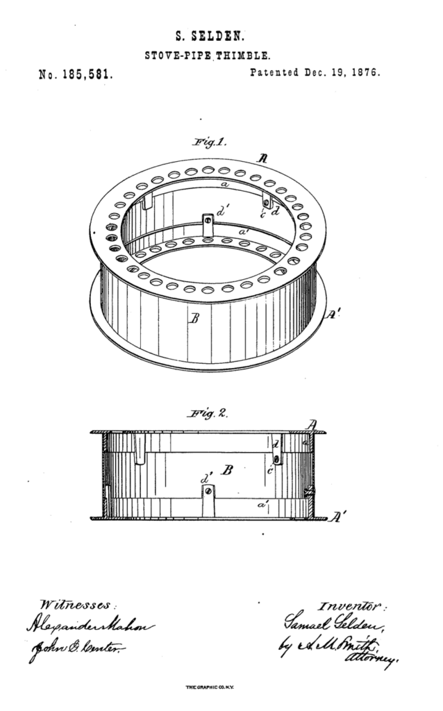 Samuel Selden improvement in stove pipe thimbles patent 1876.