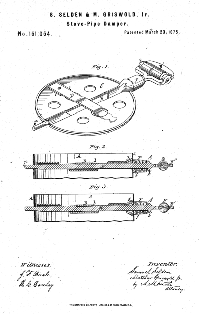 Samuel Selden and Matthew Griswold improvement in stove pipe dampers patent 1875.