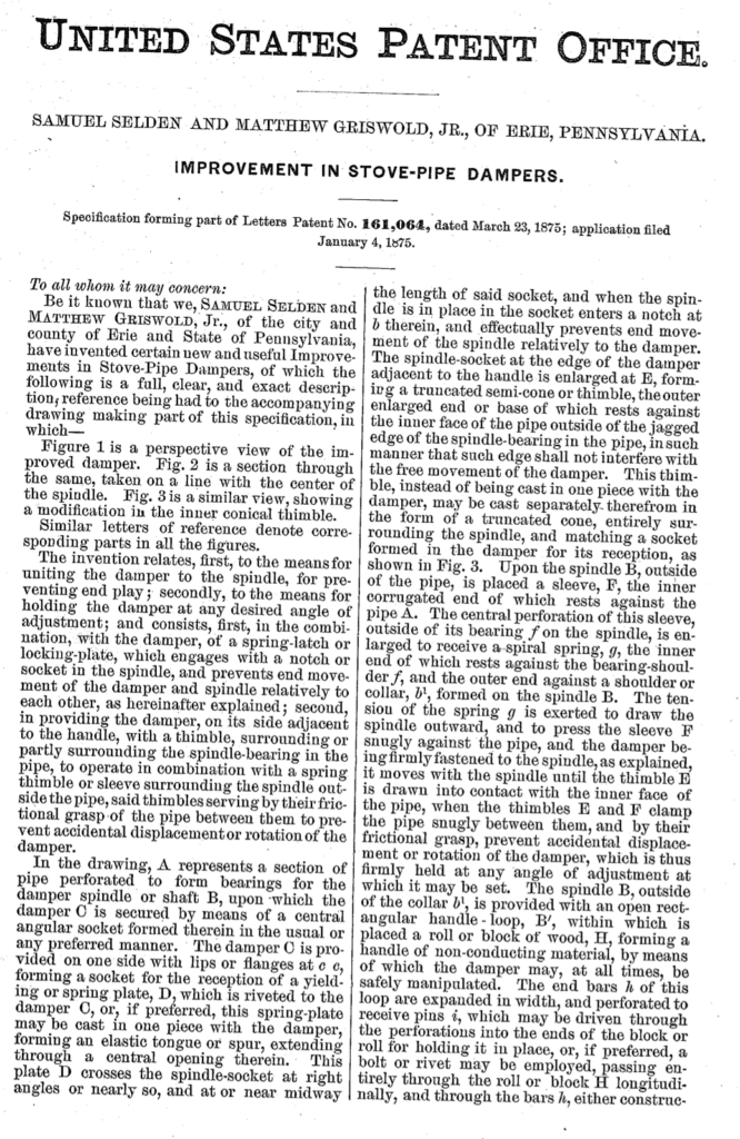 Samuel Selden and Matthew Griswold application for improvement in stove pipe dampers patent 1875.