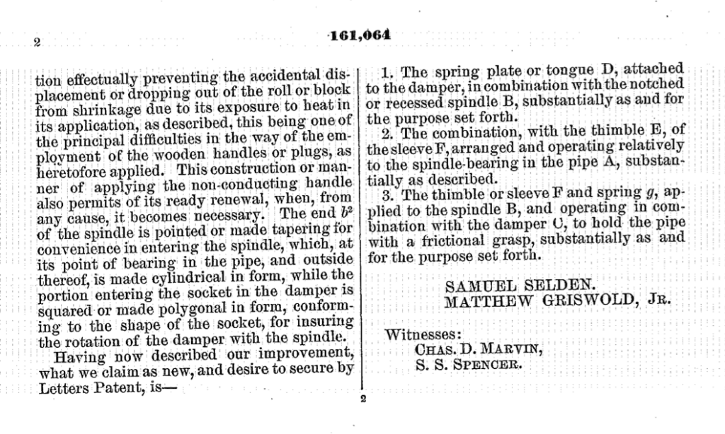 Samuel Selden and Matthew Griswold application for improvement in stove pipe dampers patent 1875, p. 2.