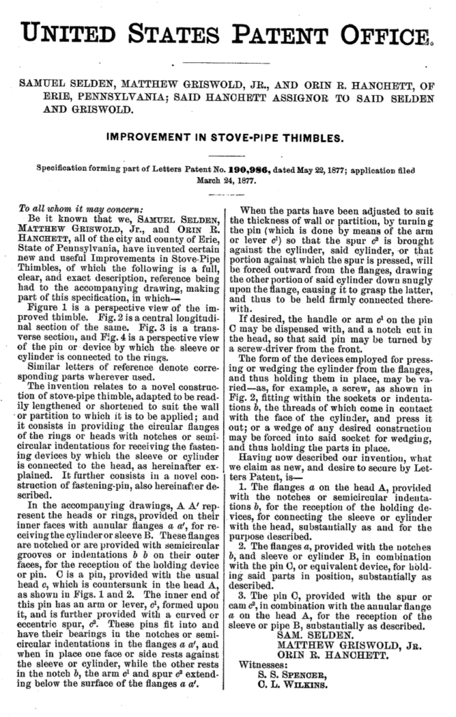 Samuel Selden Matthew Griswold & Orin Hanchett application for improvement in stove pipe thimbles 1877 patent.
