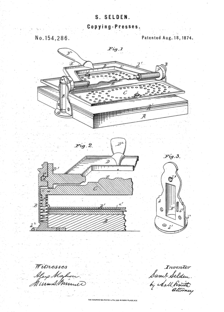 Samuel Selden improvement in copying presses patent 1874.