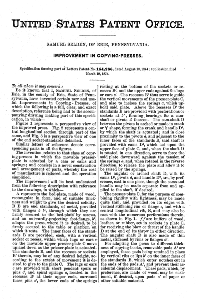 Samuel Selden improvement in copying presses application for patent 1874.