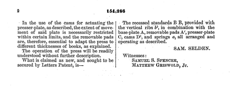 Samuel Selden application for improvement in copying presses patent 1874, p. 2.