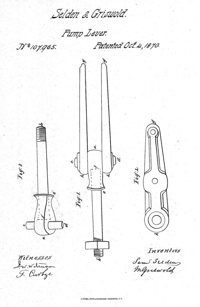 Samuel Selden and Matthew Griswold 1870 Improvement in Links connecting the handles and valve-rods of pumps patent.