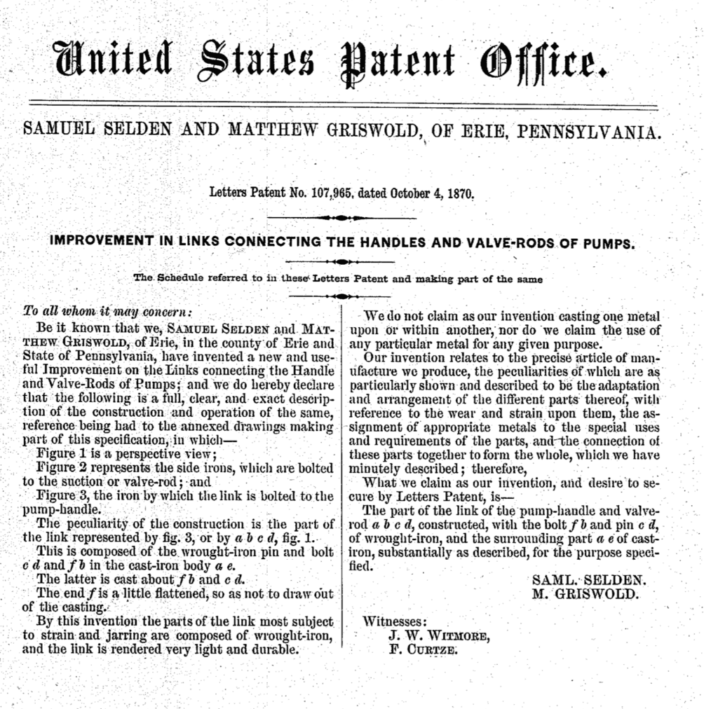 Application of Samuel Selden and Matthew Griswold for 1870 Improvement in Links connecting the handles and valve-rods of pumps patent.