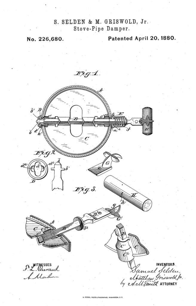 Samuel Selden & Matthew Griswold Stove Pipe Damper patent 1880.