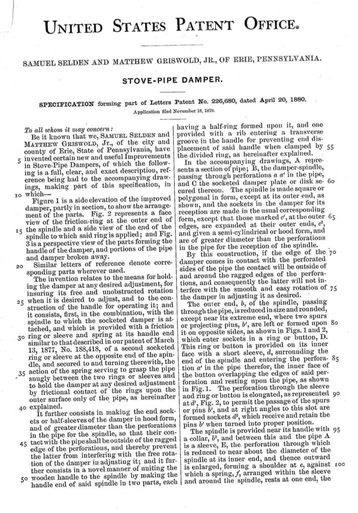 Samuel Selden & Matthew Griswold 1880 application for stove pipe damper patent.