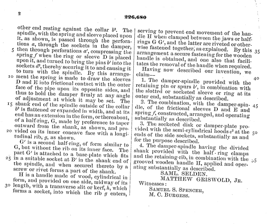 Samuel Selden & Matthew Griswold 1880 application for stove pipe damper patent p. 2.