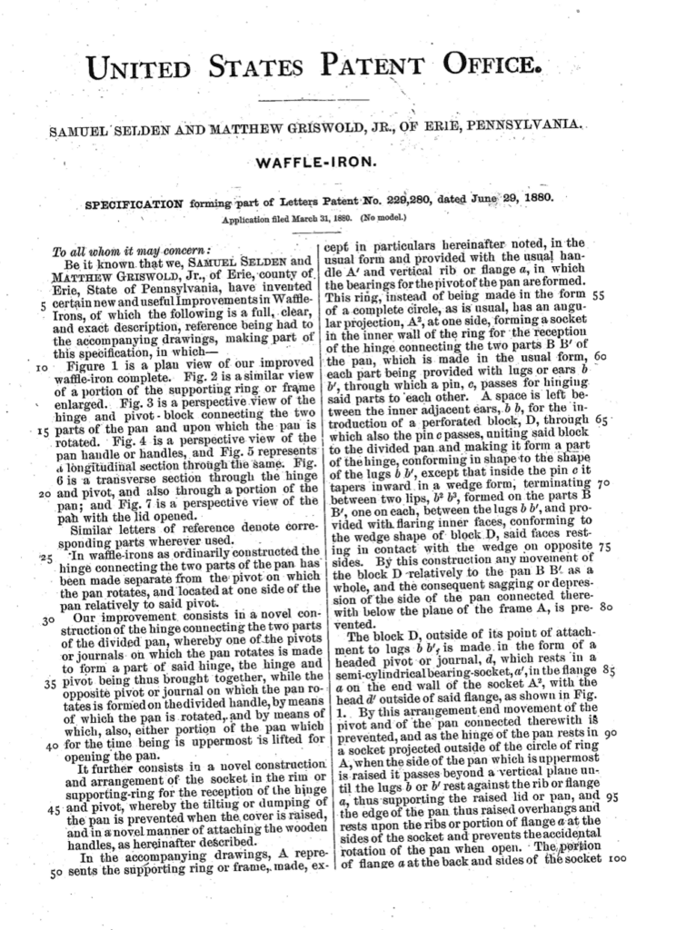 Application for Samuel Selden & Matthew Griswold 1880 waffle iron patent.