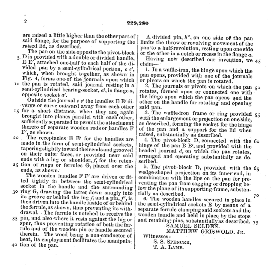 Second page of application of Samuel Selden & Matthew Griswold for 1880 waffle iron patent.