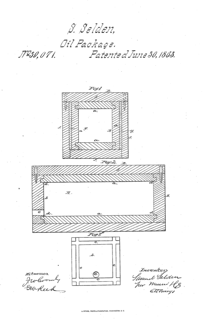 Samuel Selden 1863 patent for Oil Package.