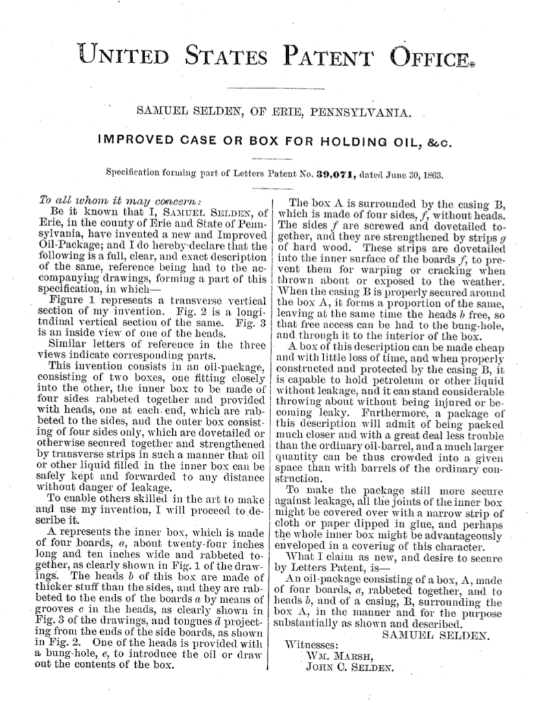 Application for Samuel Selden 1863 patent for Oil Package.