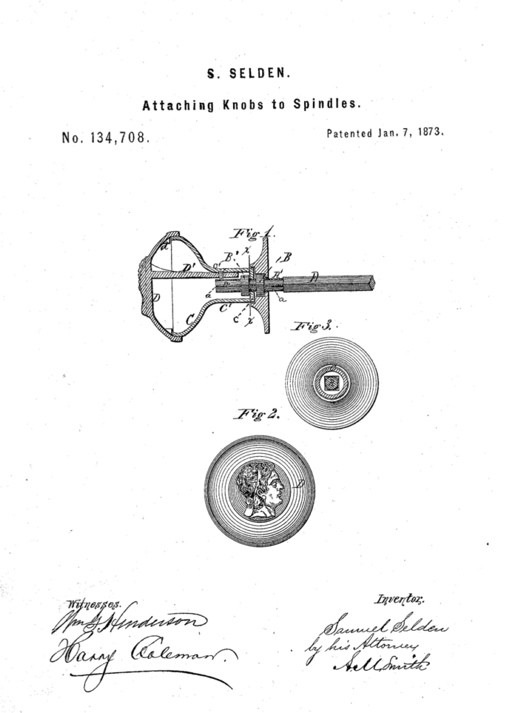 Samuel Selden improvement in attaching door knob to spindle patent 1873.