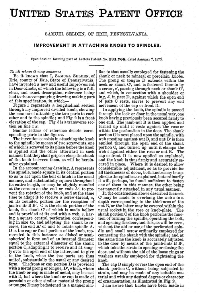 Application of Samuel Selden for improvement in attaching door knob to spindle patent 1873.