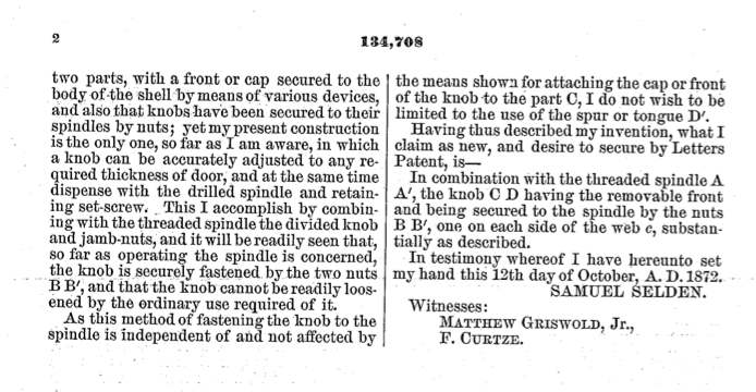 Application of Samuel Selden improvement in attaching door knob to spindle patent 1873, page 2.