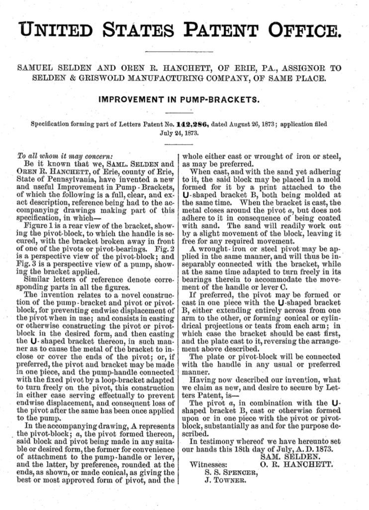 Samuel Selden and Orin Hanchett application for improvement in pump bracket patent 1873.