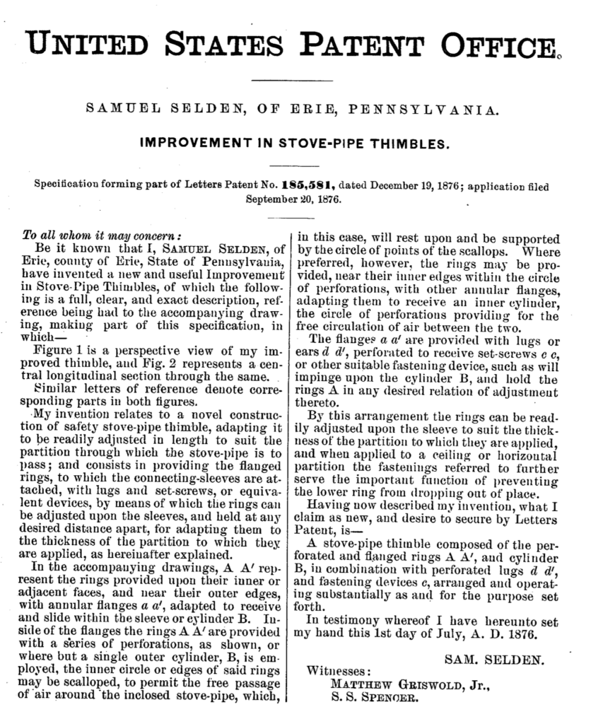 Samuel Selden application for improvement in stove pipe thimbles patent 1876.