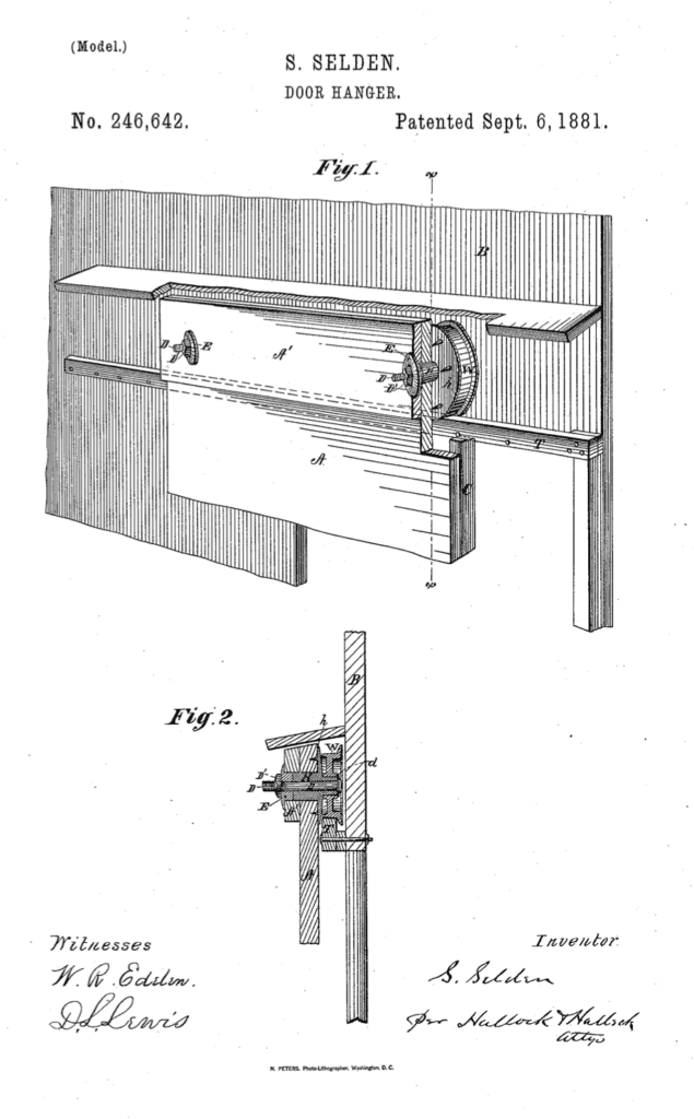 Samuel Selden 1881 patent for door hanger.