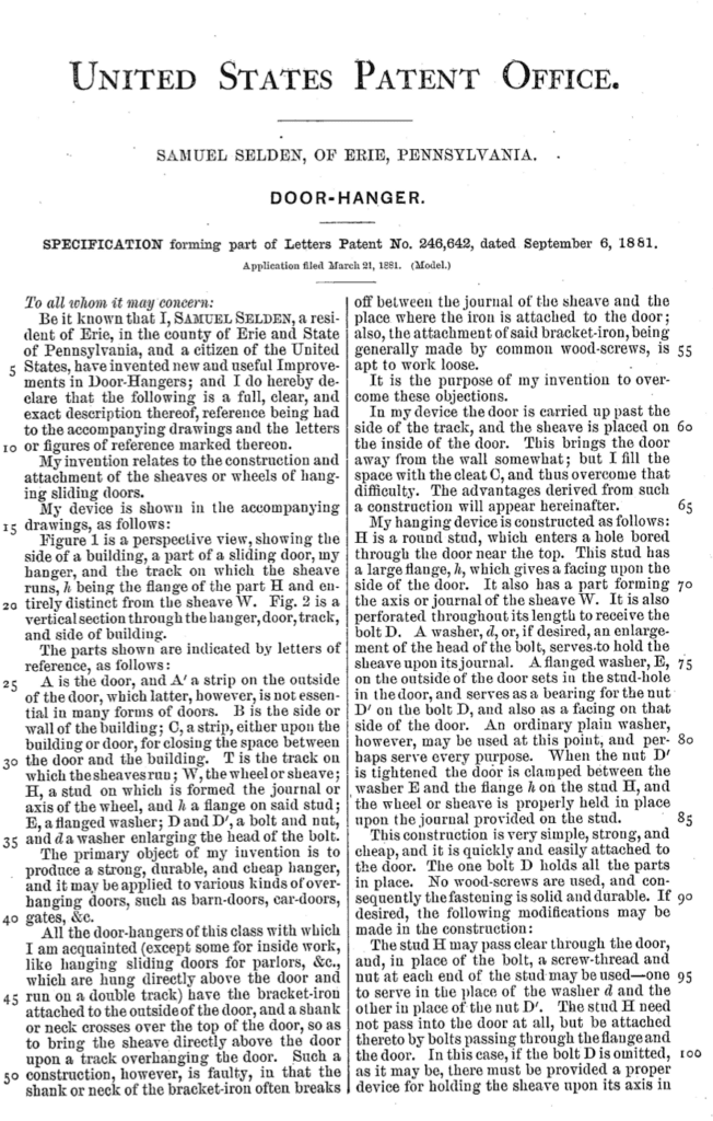 Samuel Selden 1881 application for door-hanger patent.