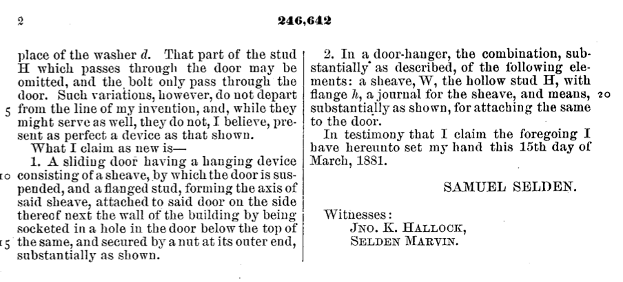 Samuel Selden 1881 application for door-hanger patent p. 2.