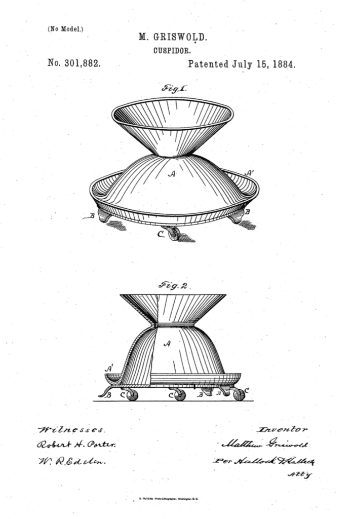 Matthew Griswold 1884 patent for cuspidor.