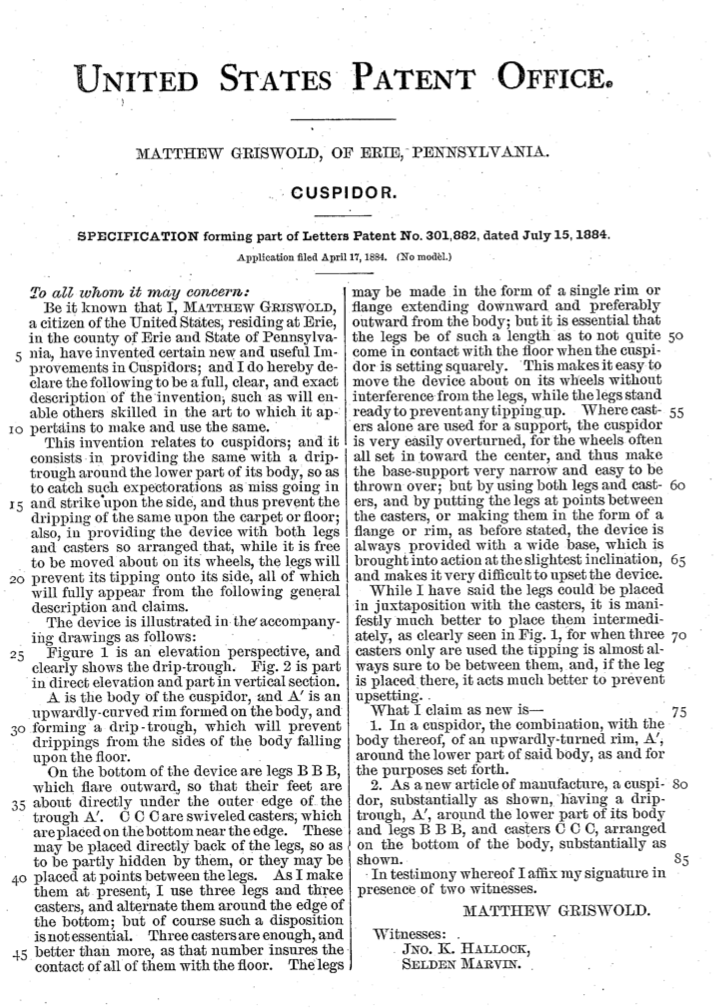Matthew Griswold 1884 patent for cuspidor application.