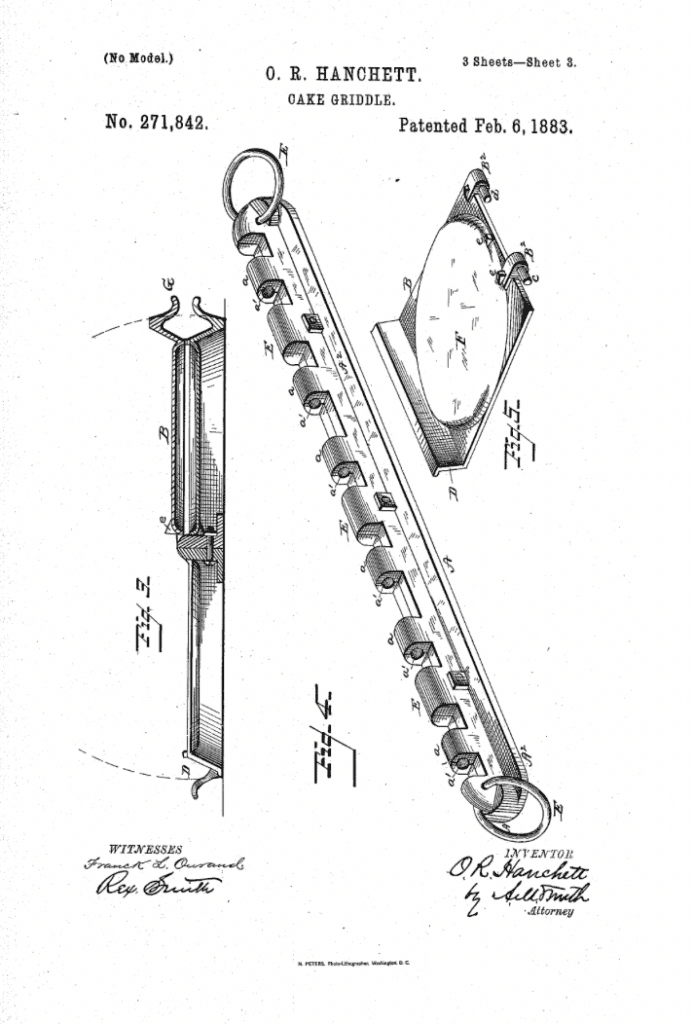Oren Hanchett patent for cake griddle, 1883. Assigned to Selden & Griswold.