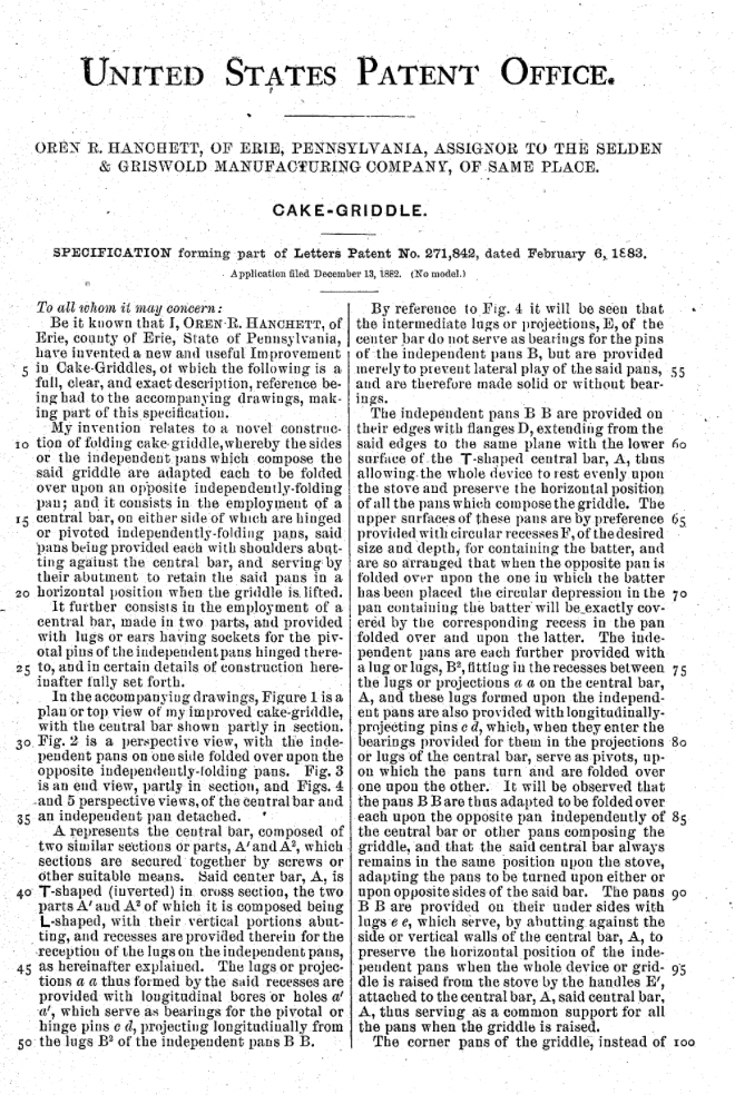 Oren Hanchett application for patent of cake-griddle, 1883.