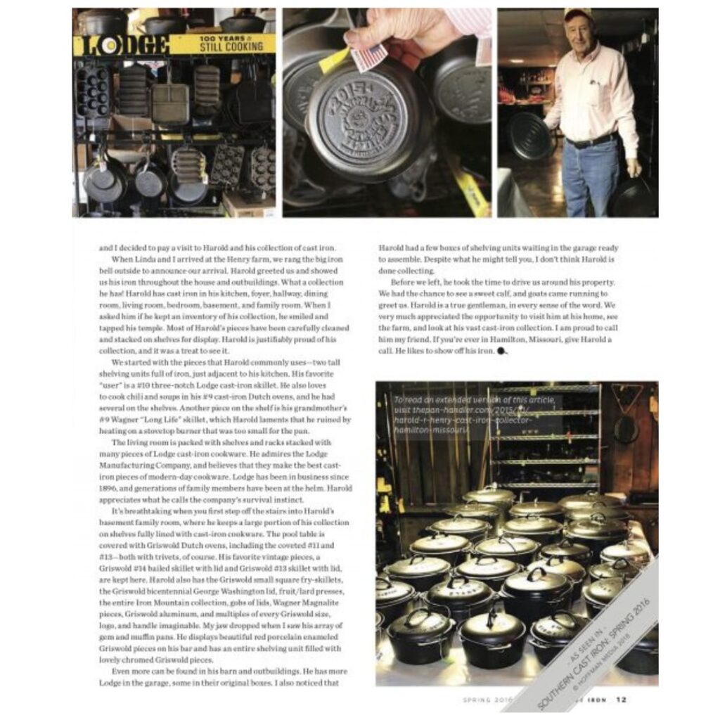 Southern Cast Iron magazine Spring 2016 article about vintage cast iron collector Harold Henry of Hamilton Missouri. 