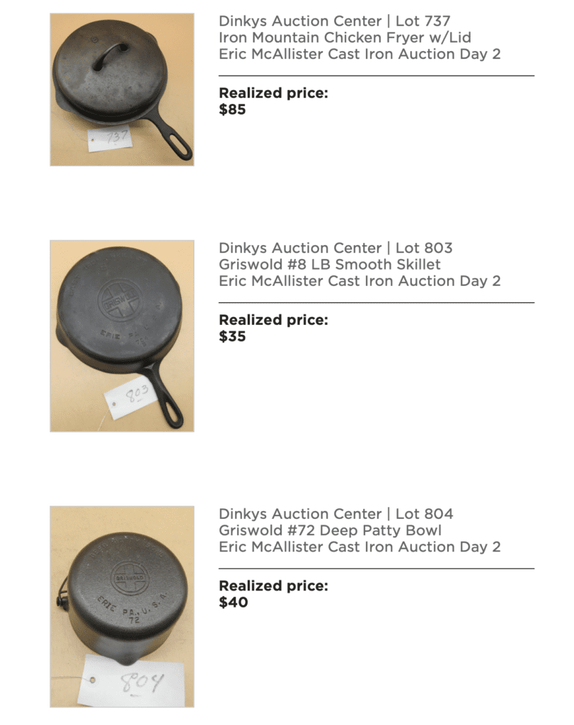 Vintage Cast Iron Auction purchases from December cast iron cookware auction including griswold large block logo epu skillet patty bowl iron mountain chicken fryer pan with lid cover