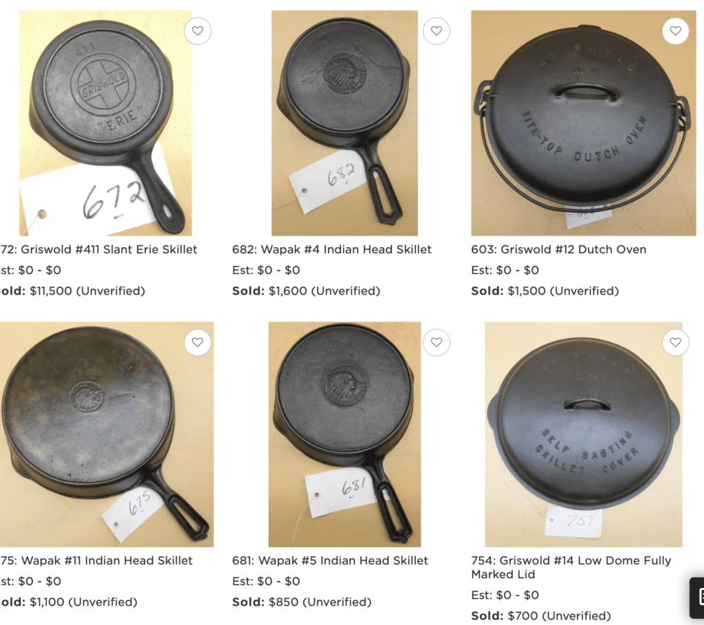 top prices paid cost for vintage antique cast iron cookware pans skillet lids covers indian head self basting Dutch oven slant italic 12 Favorite piqua smiley logo spider erie sidney 2 large block at auction in 2022. Griswold Wapak Favorite Piqua Ware Smiley Sidney 